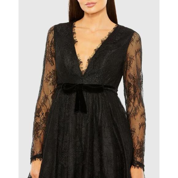 NWT Mac Duggal 49794 Black Long Sleeve Deep V Lace Babydoll Dress Size 4 - Picture 5 of 10